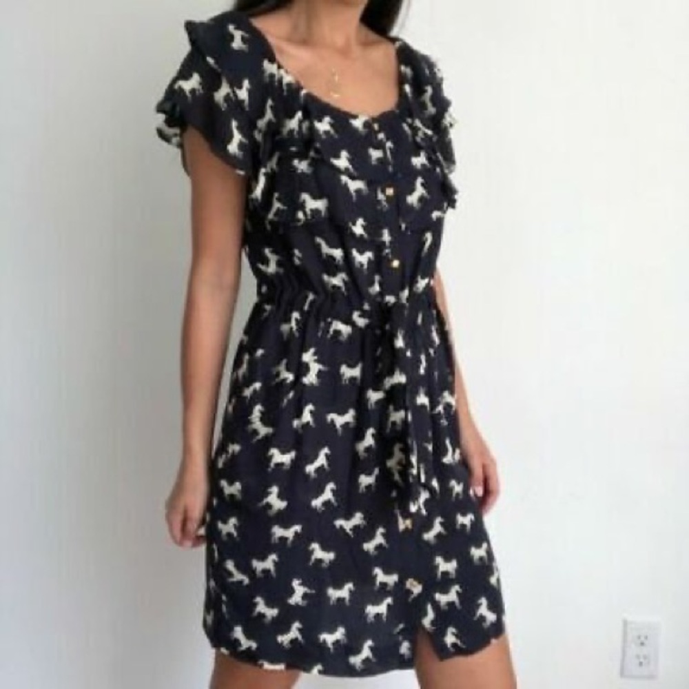 Anthropologie Leifsdottir Silk Navy Blue Thoroughbred Horse Dress Equestrian